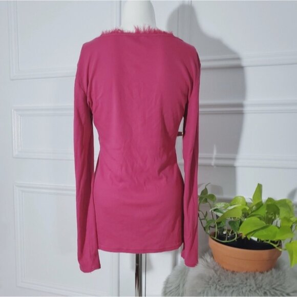 Banana Republic Feathered Trim Boat Neck Magenta Long Sleeved Henley Top - Picture 2 of 9